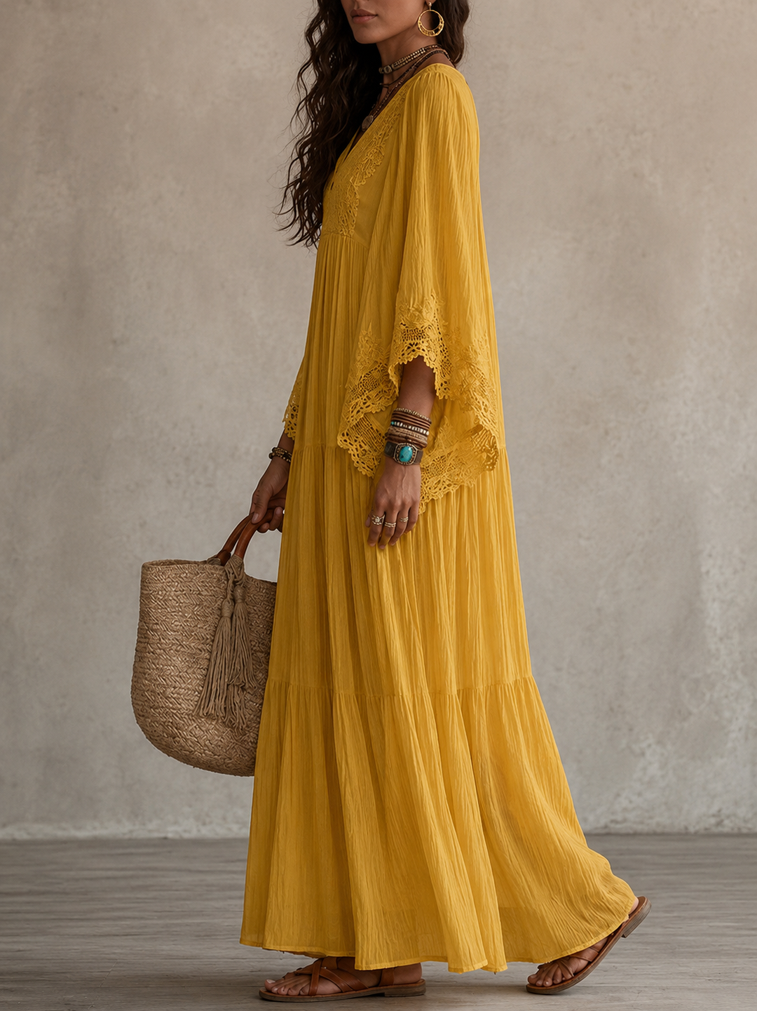 Aerinne - Vestido comprido plissado arejado