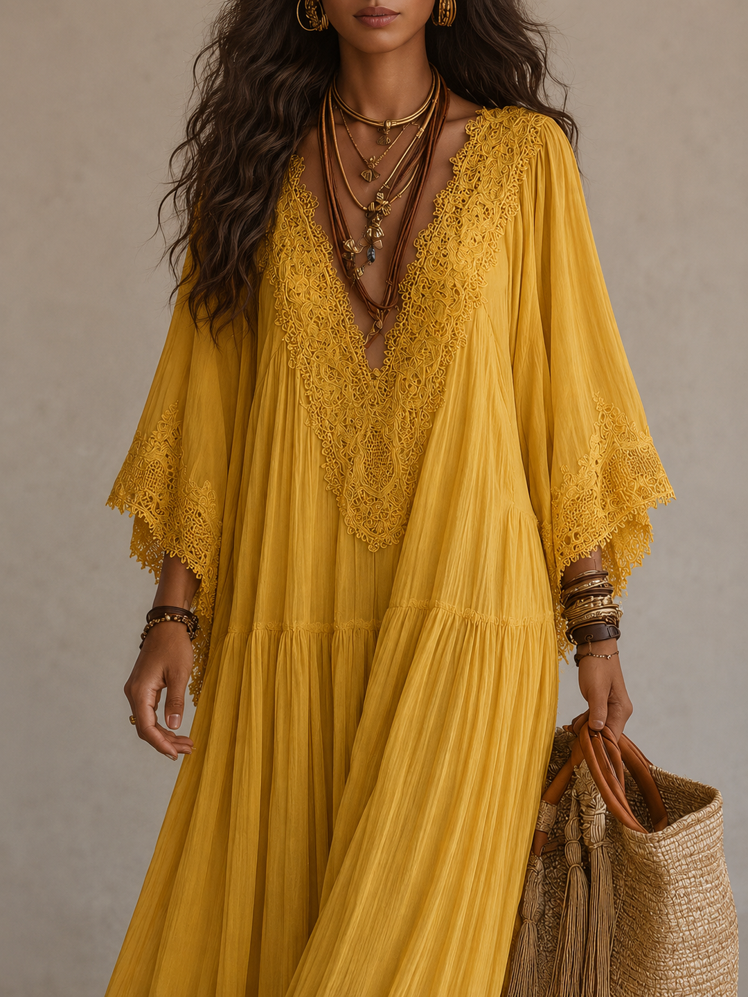 Aerinne - Vestido comprido plissado arejado