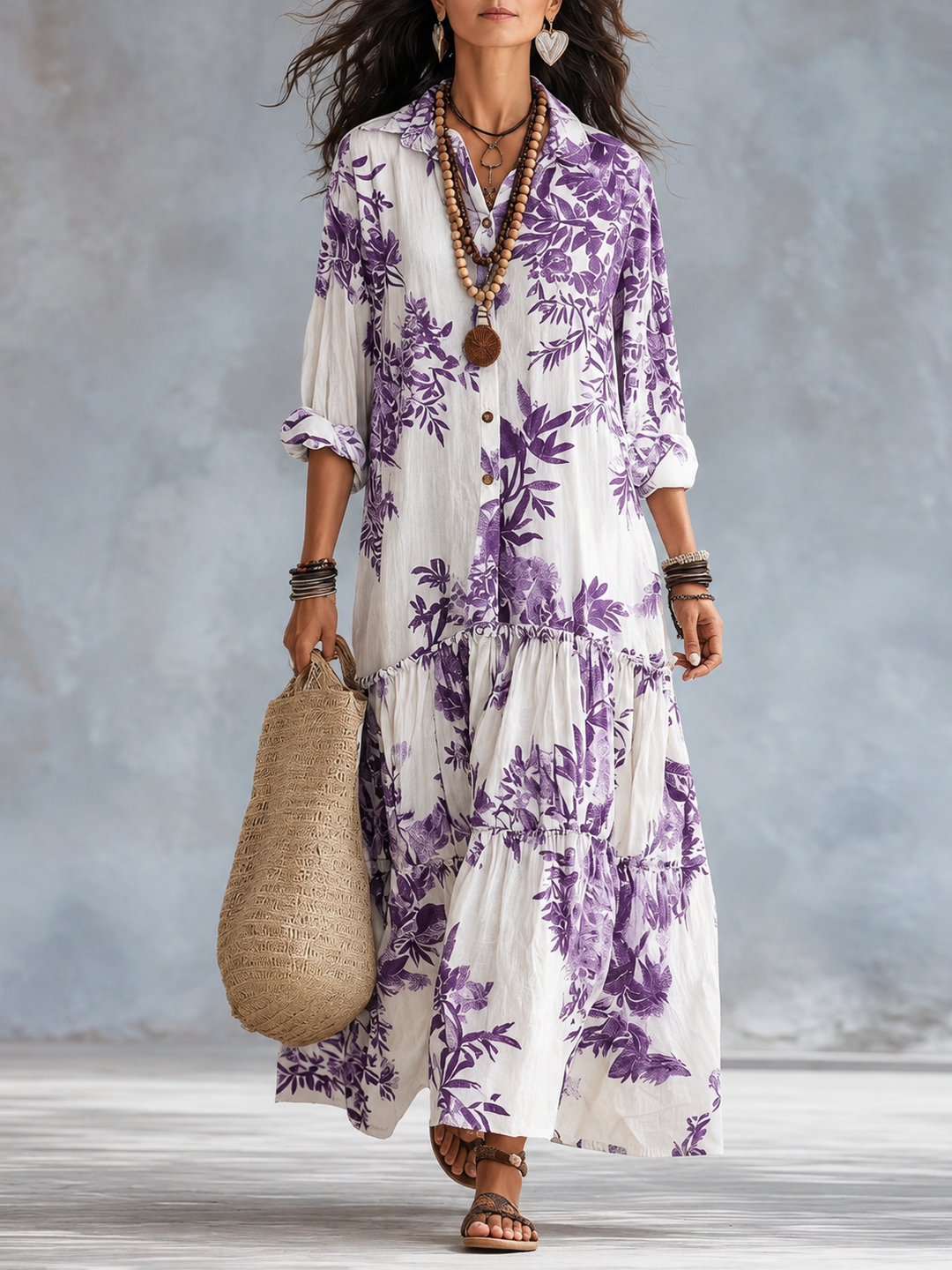Galenisse - Vestido comprido com botões e estampado floral azul