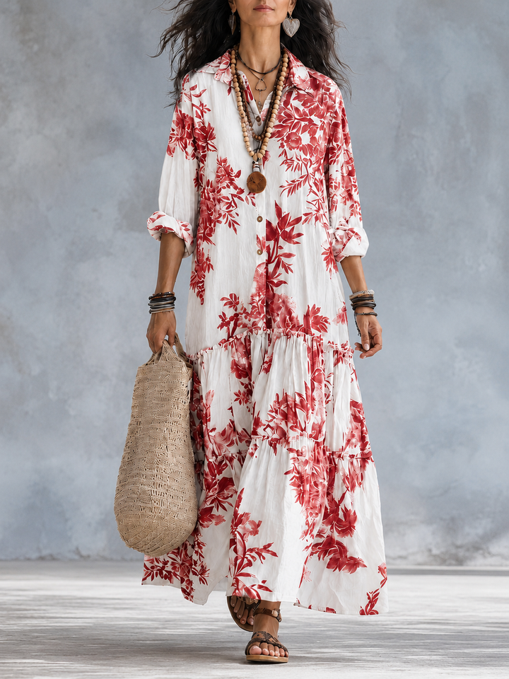 Galenisse - Vestido comprido com botões e estampado floral azul