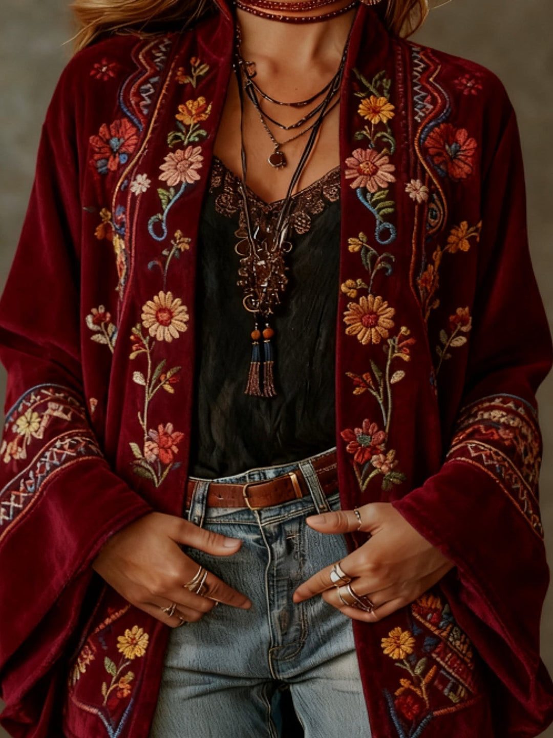 Eudocia - Cardigan estilo quimono com bordados boho