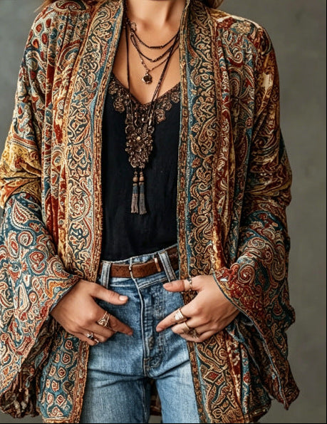 Eudocia - Cardigan estilo quimono com bordados boho