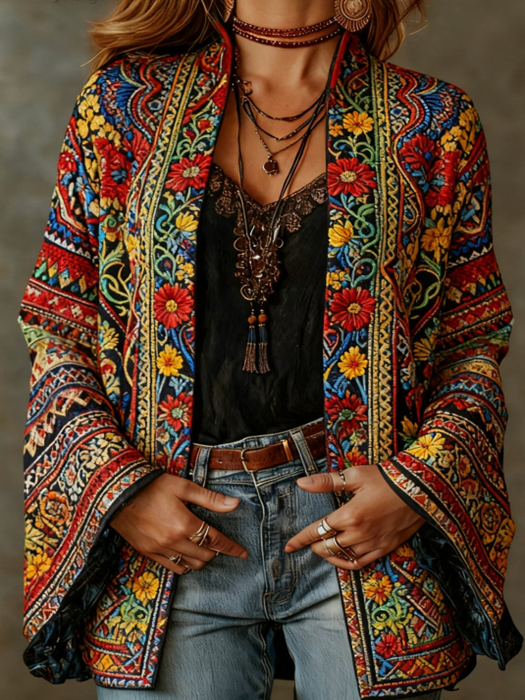 Eudocia - Cardigan estilo quimono com bordados boho