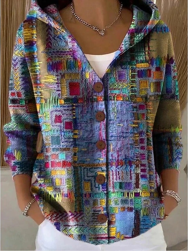 Thealyn - Cardigan de malha com capuz multicolorido