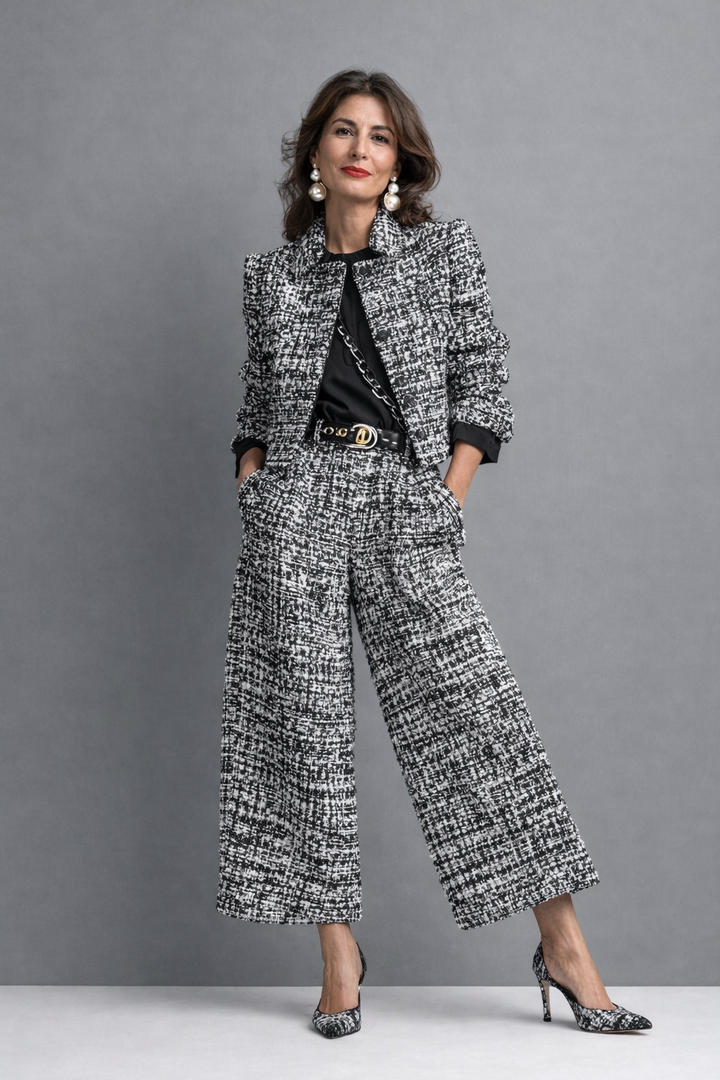 Norabel - Conjunto de casaco cropped texturizado e calças de perna larga