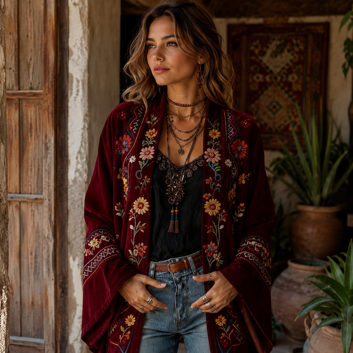 Eudocia - Cardigan estilo quimono com bordados boho