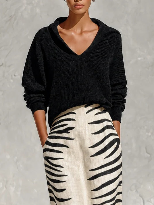 Aelyra - Conjunto de camisola de malha de toque suave e saia midi de linho com estampado de zebra