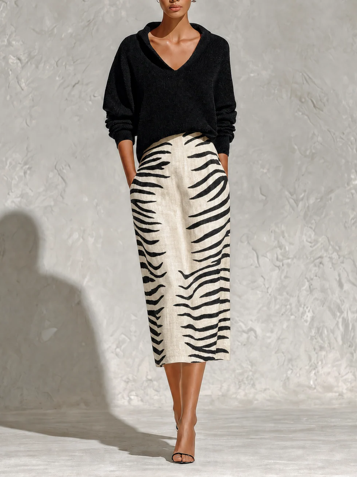 Aelyra - Conjunto de camisola de malha de toque suave e saia midi de linho com estampado de zebra