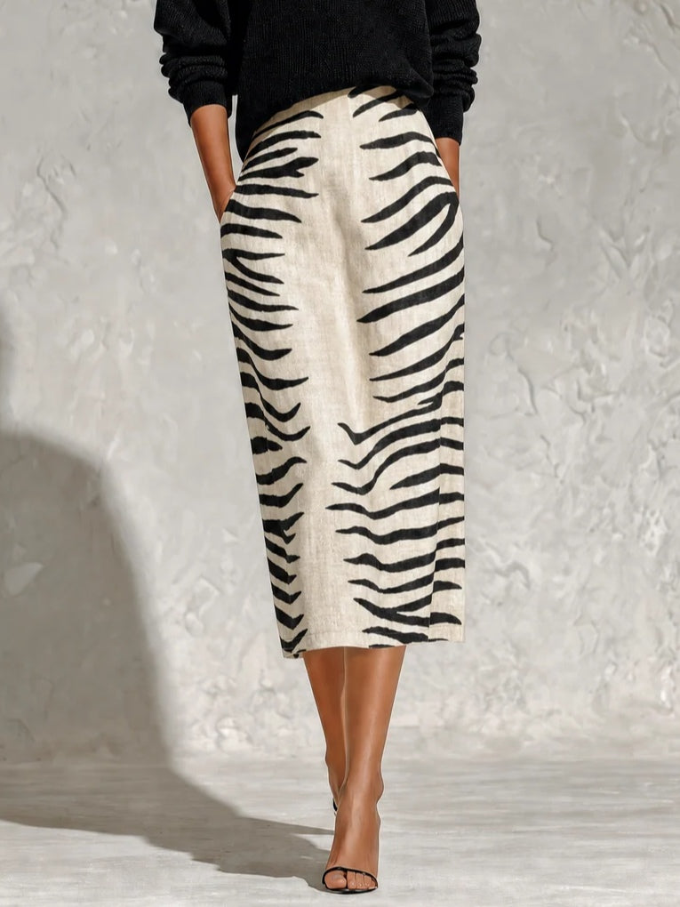 Aelyra - Conjunto de camisola de malha de toque suave e saia midi de linho com estampado de zebra