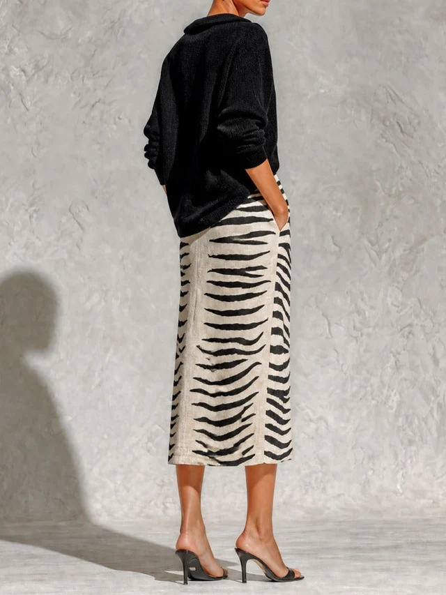 Aelyra - Conjunto de camisola de malha de toque suave e saia midi de linho com estampado de zebra