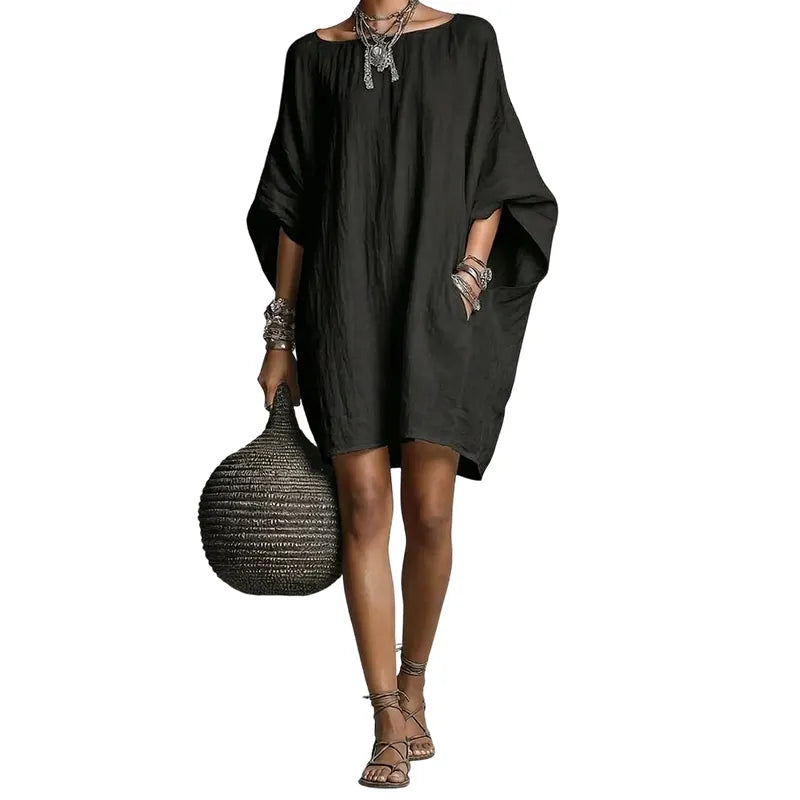 Sabina - Vestido midi com decote Bardot e toque suave