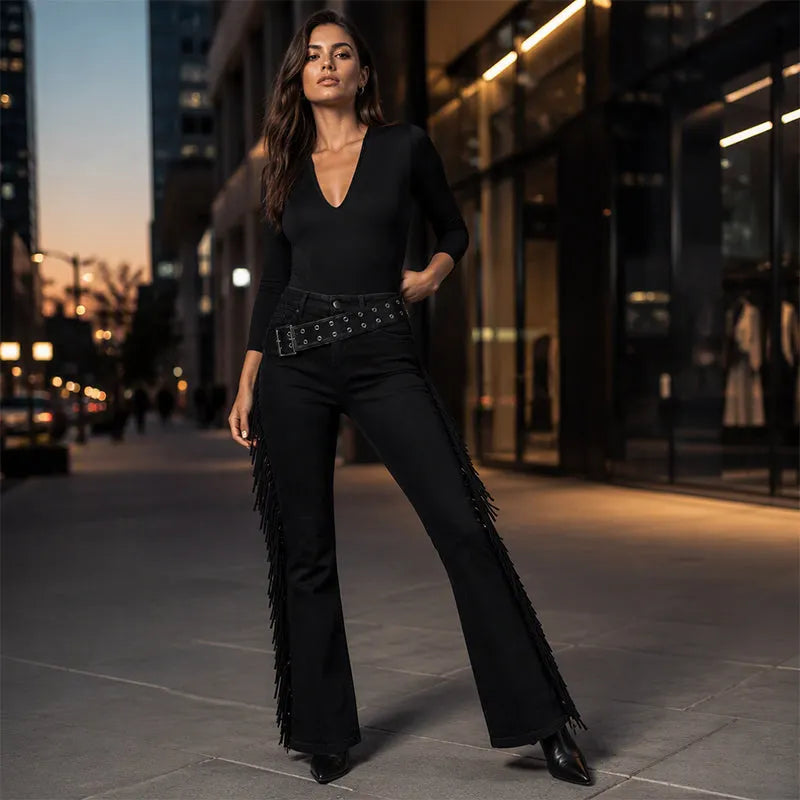 Fiorenne - Calças flare com franjas estilo western