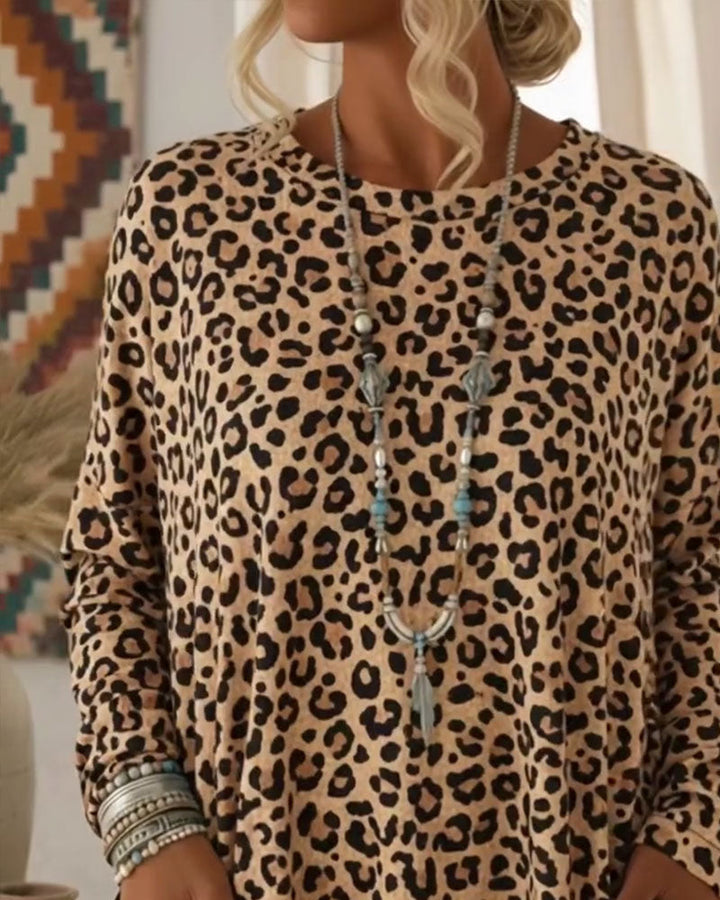 Primelia - Top de manga comprida com toque suave e padrão leopardo
