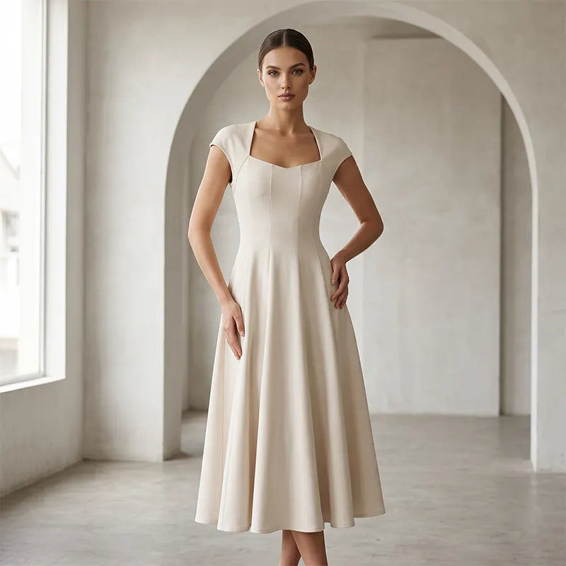 Ysolenne - Vestido midi com decote quadrado e toque suave