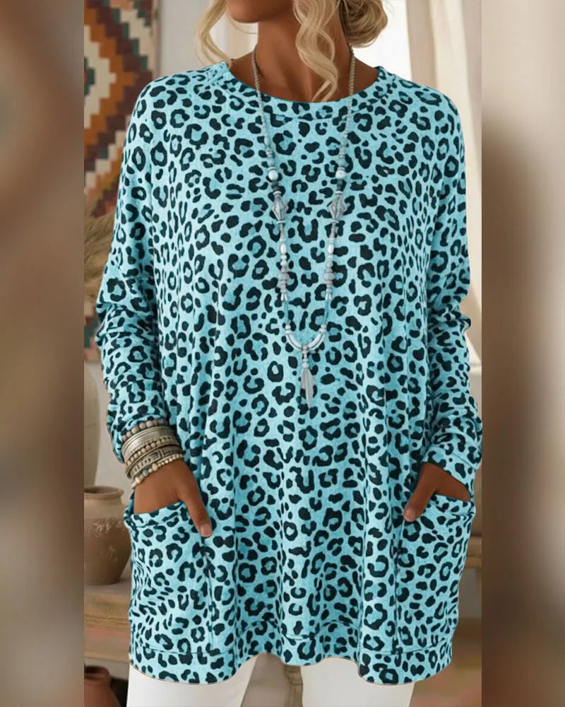Primelia - Top de manga comprida com toque suave e padrão leopardo