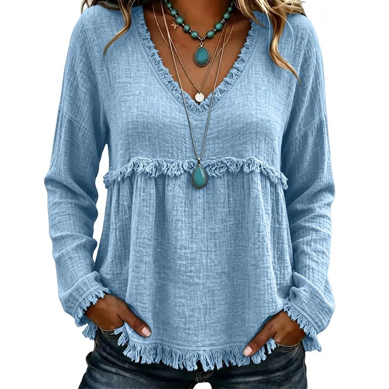 Ariselle - Blusa com franjas e decote em V