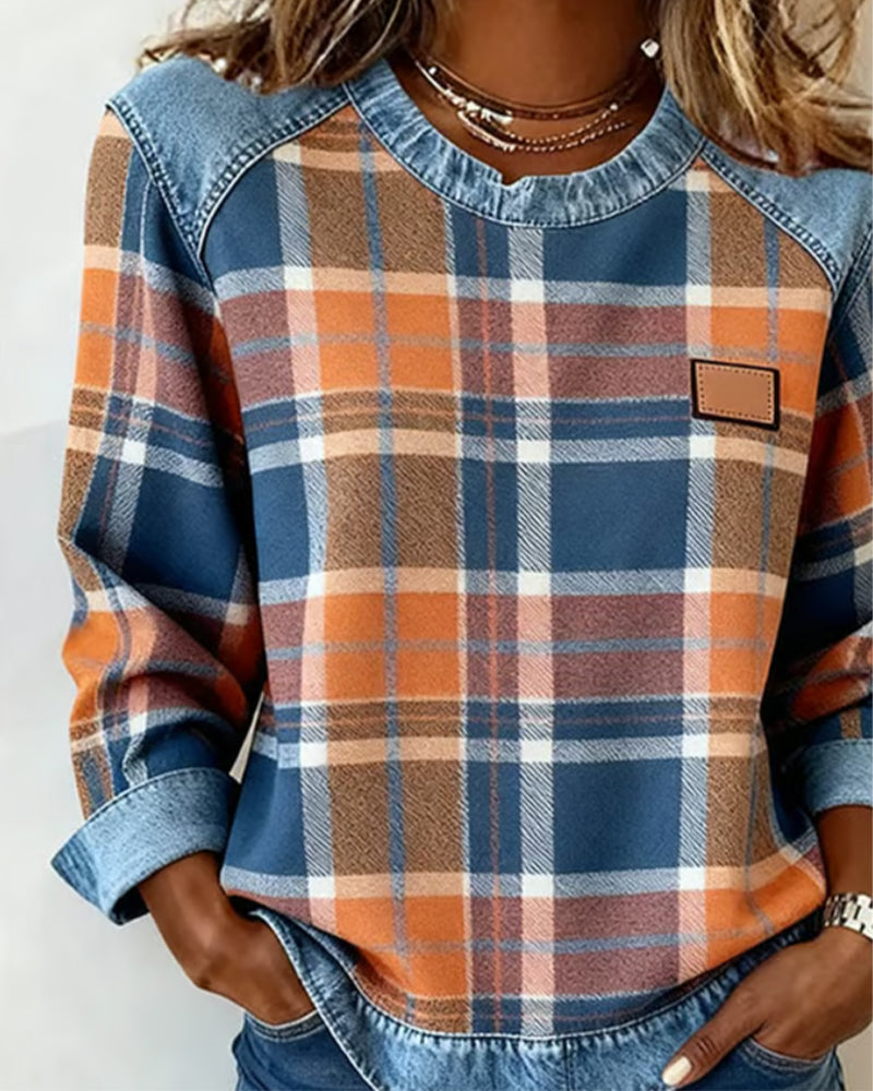 Adair - Sweatshirt casual de gola redonda com padrão xadrez