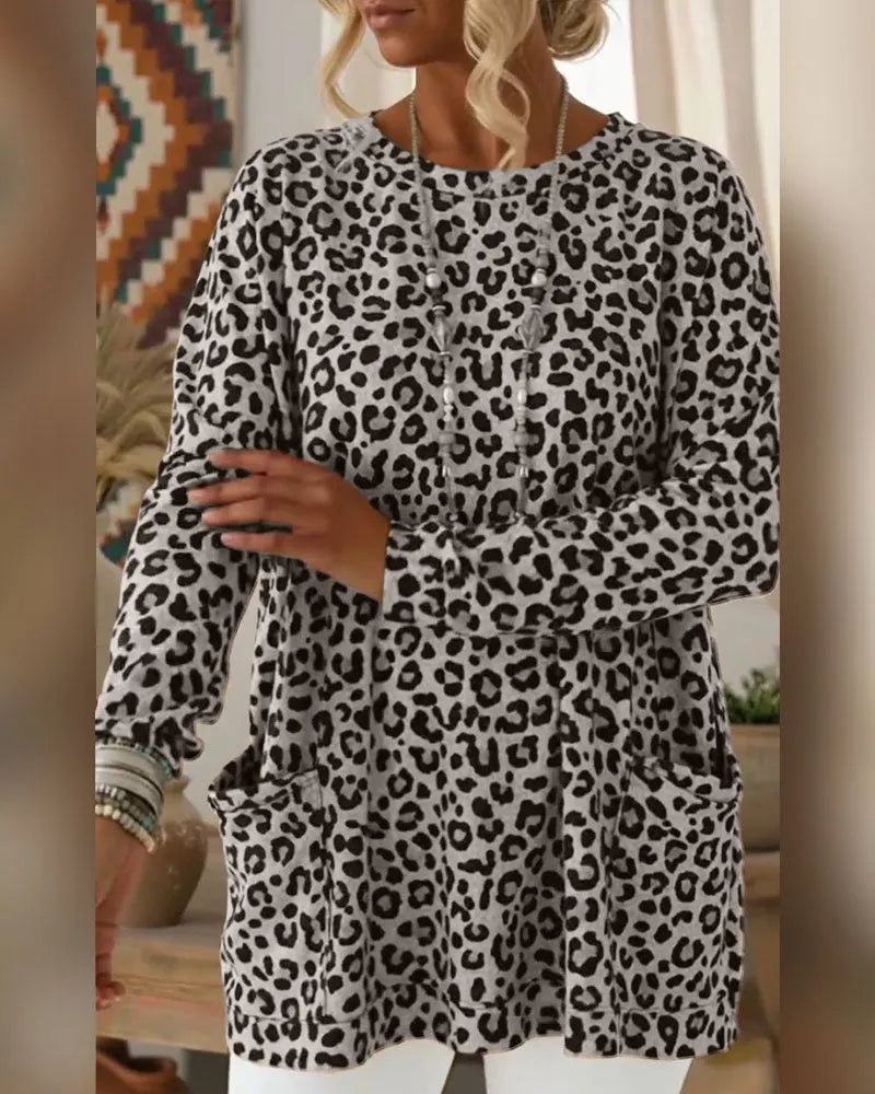 Calivelle - Top de manga comprida com toque suave e estampado de leopardo