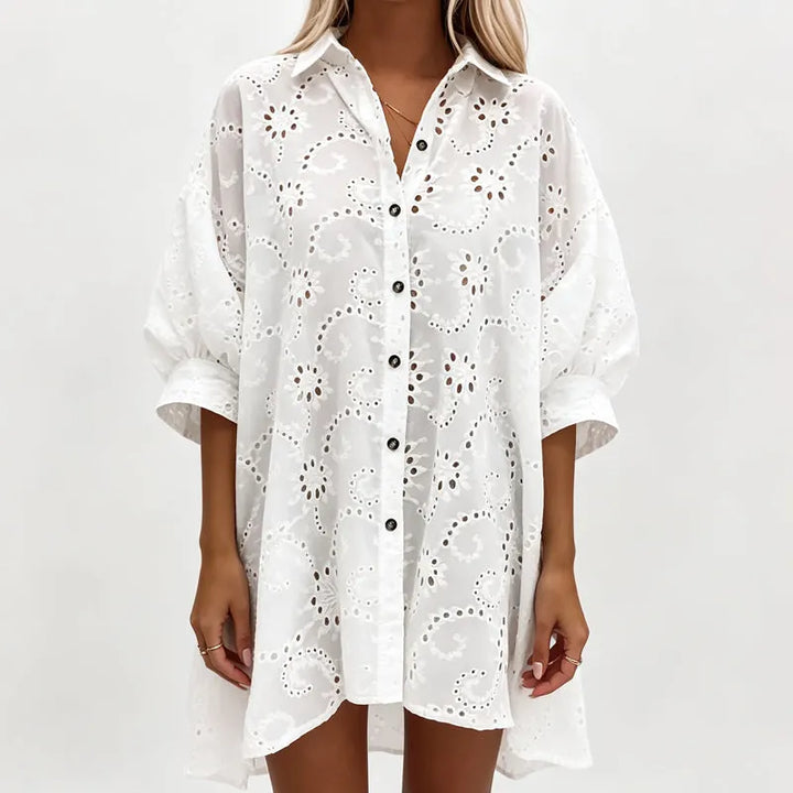 Amarielle - Vestido abotoado à frente bordado e arejado