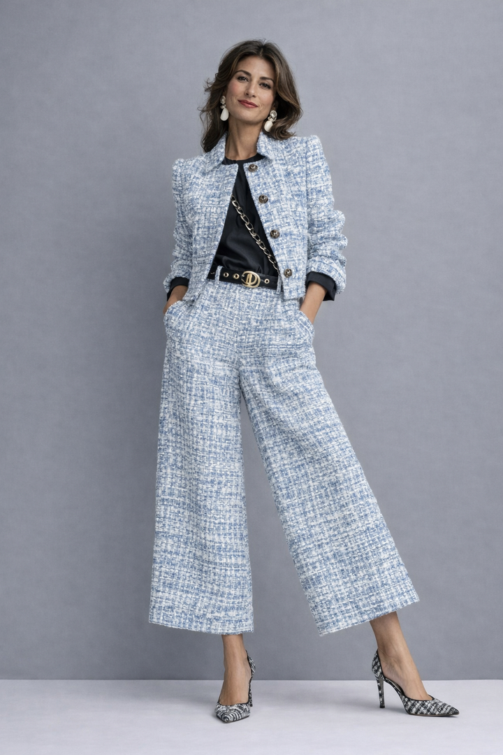 Norabel - Conjunto de casaco cropped texturizado e calças de perna larga
