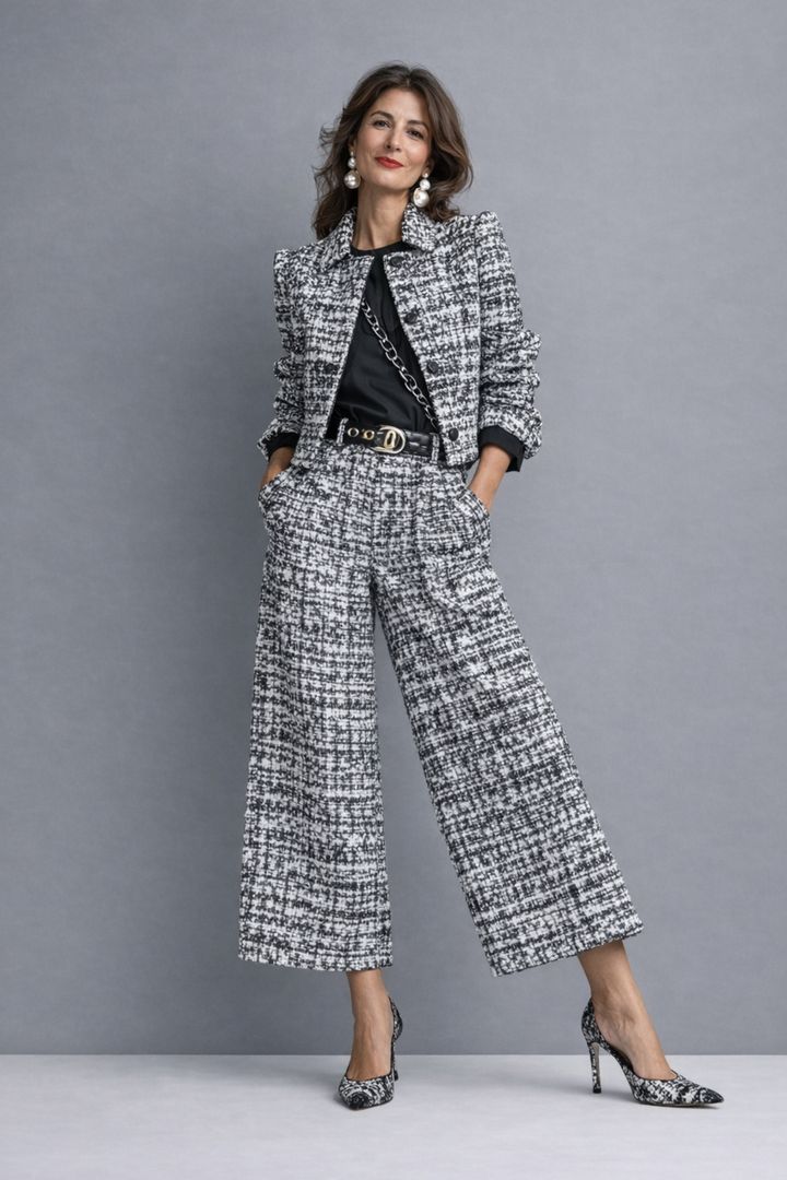 Norabel - Conjunto de casaco cropped texturizado e calças de perna larga