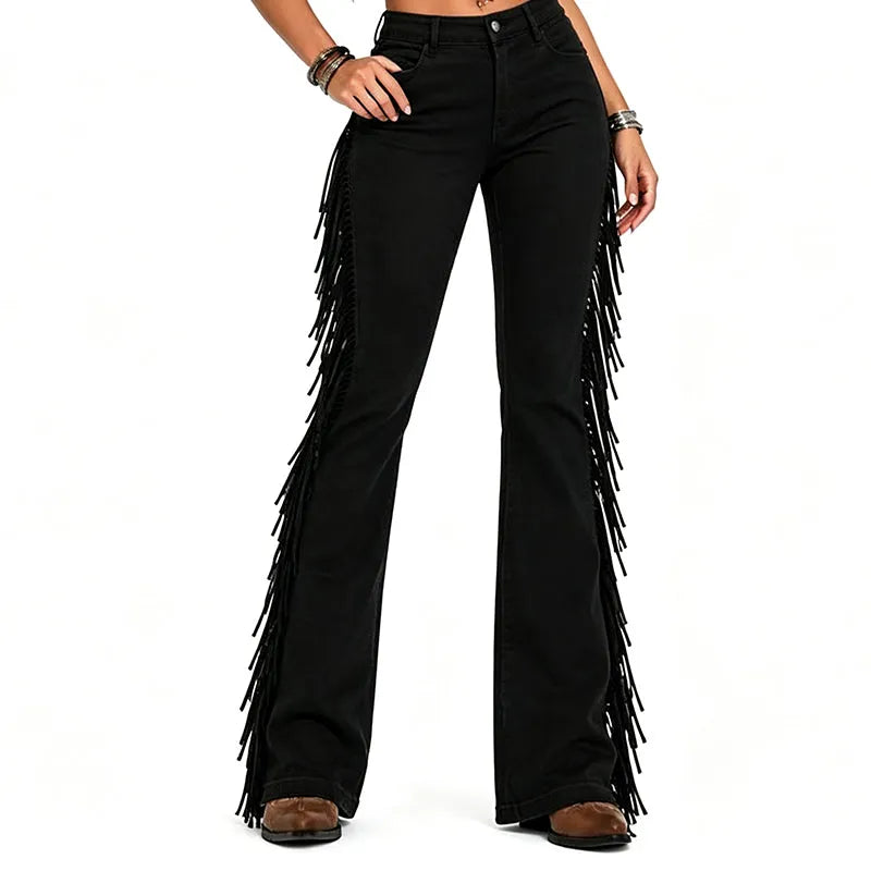 Fiorenne - Calças flare com franjas estilo western