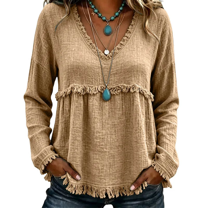Ariselle - Blusa com franjas e decote em V