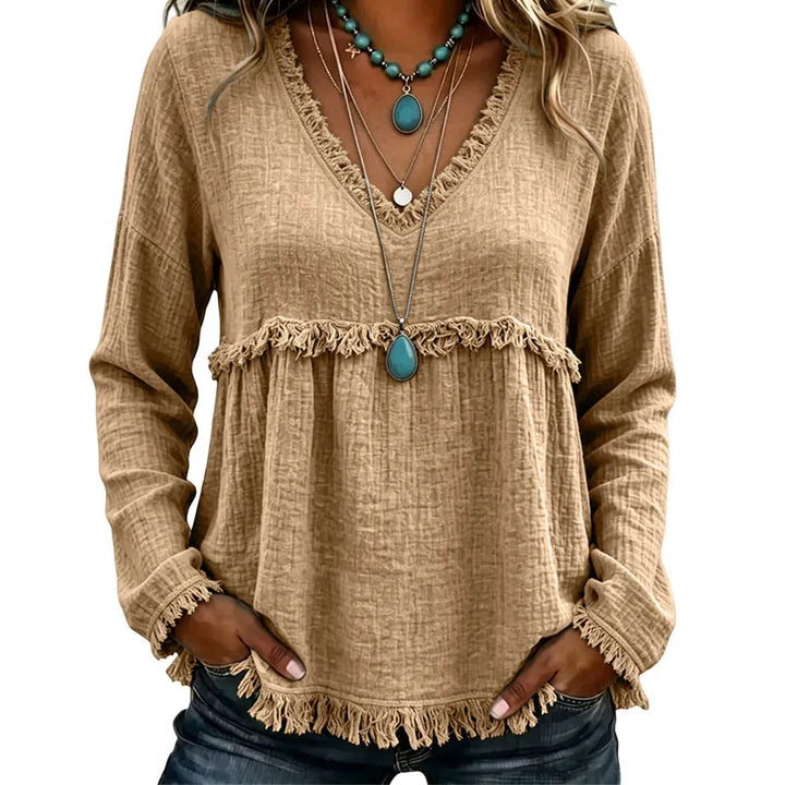 Ariselle - Blusa com franjas e decote em V