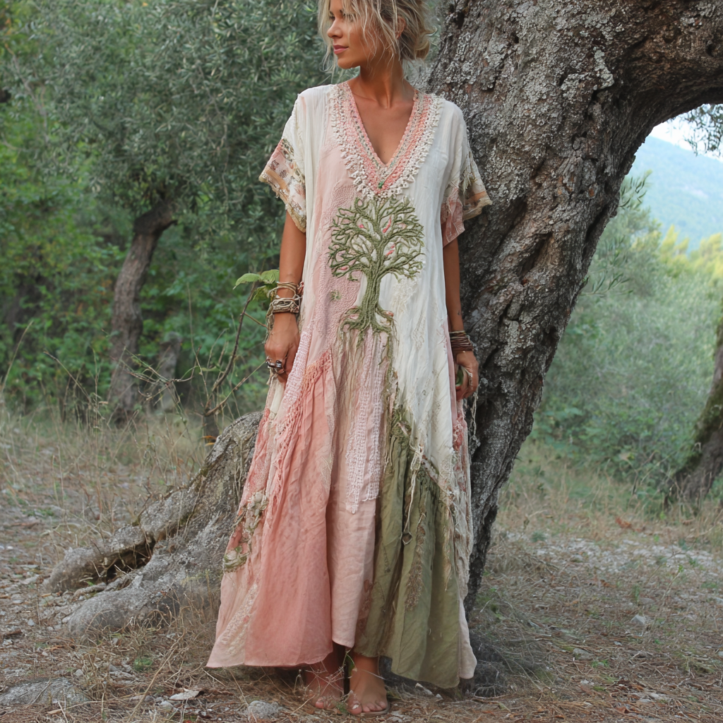 Carivienne - Vestido comprido com estampado de árvores vintage
