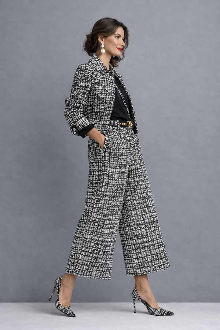 Norabel - Conjunto de casaco cropped texturizado e calças de perna larga