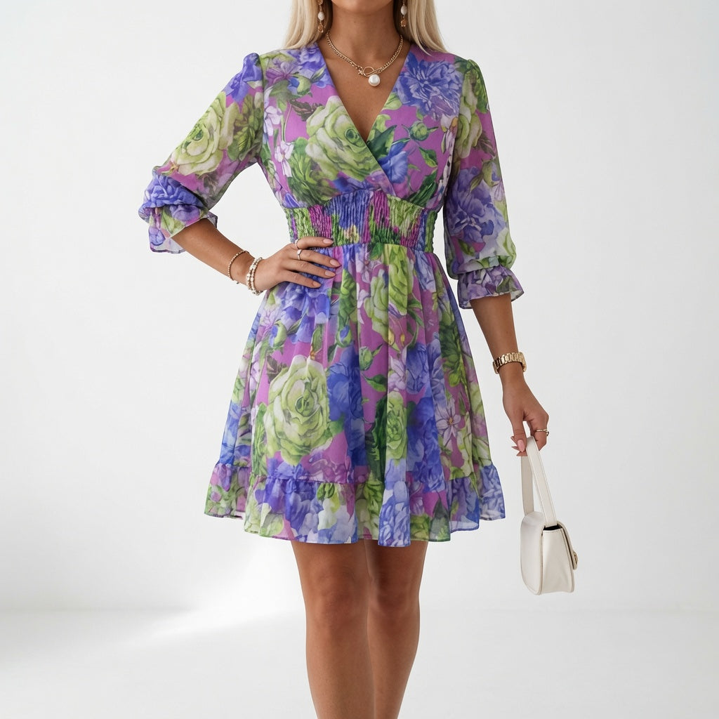 Maelona - Vestido mini floral com efeito smock e toque suave