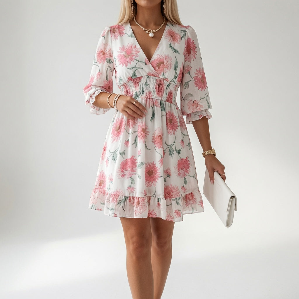 Maelona - Vestido mini floral com efeito smock e toque suave