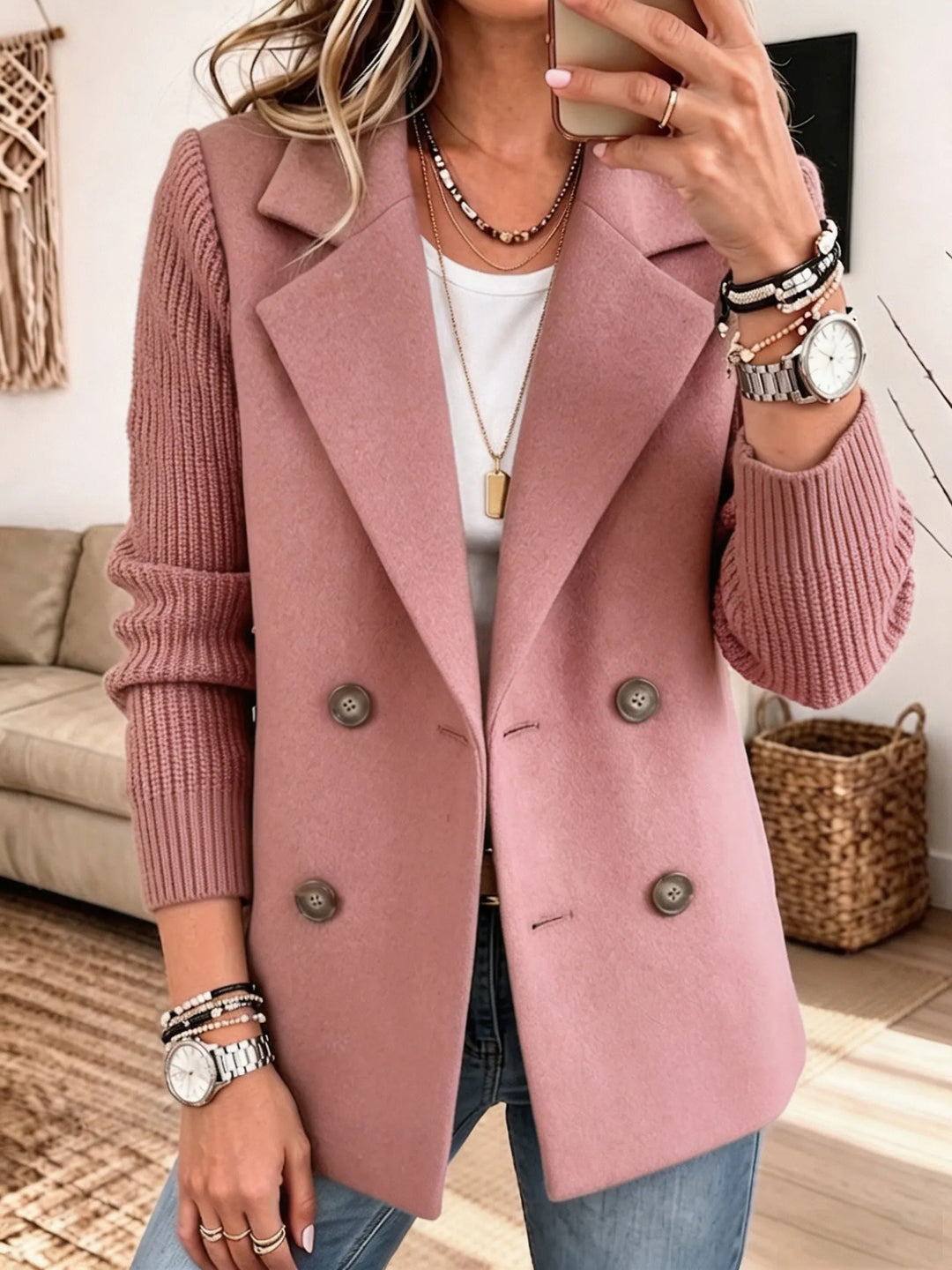 Adalene - Blazer de abotoamento duplo com mangas em malha
