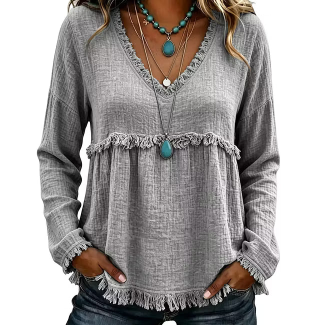 Ariselle - Blusa com franjas e decote em V