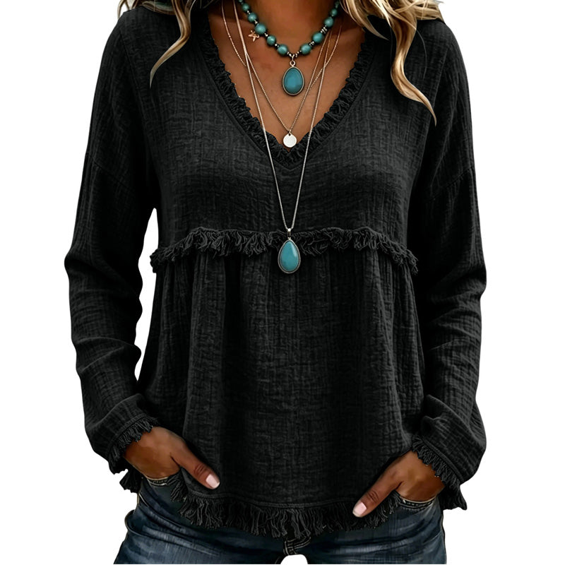 Ariselle - Blusa com franjas e decote em V