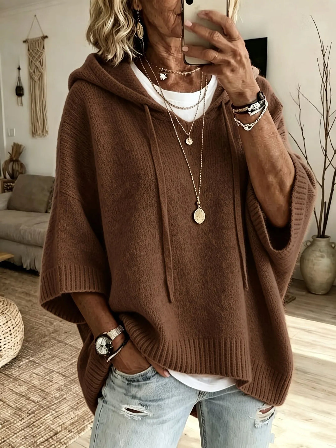 Celandria - Sweatshirt com Capuz Oversize de Manga Curta com Toque Suave