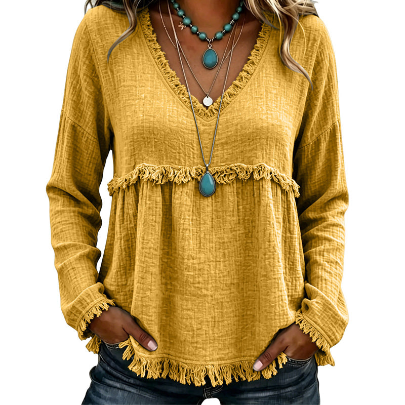 Ariselle - Blusa com franjas e decote em V