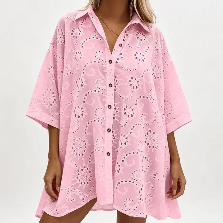 Amarielle - Vestido abotoado à frente bordado e arejado