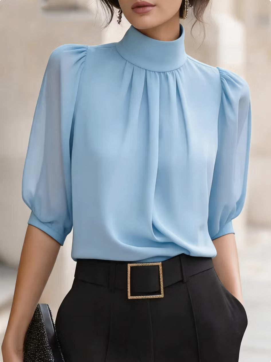 Valessique - Blusa plissada de gola alta
