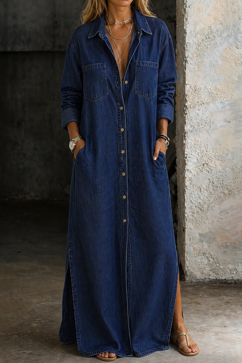 Brialisse - Vestido camiseiro maxi fluido