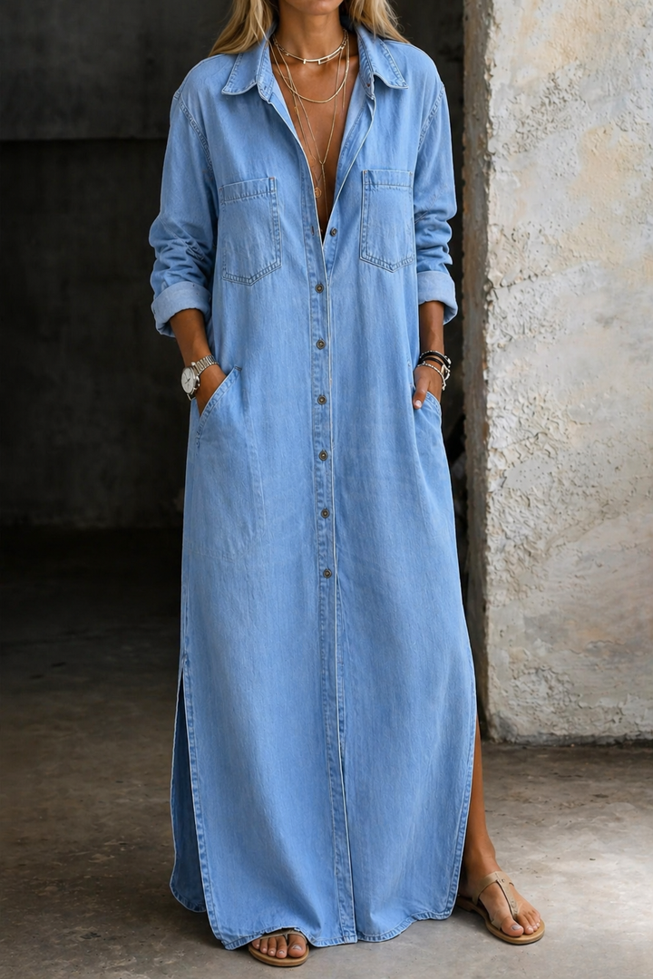 Brialisse - Vestido camiseiro maxi fluido