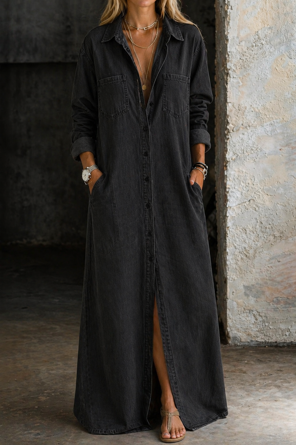 Brialisse - Vestido camiseiro maxi fluido