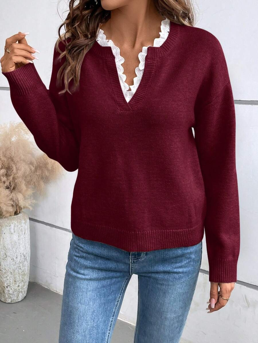 Aloraine - Camisola de decote em V com renda e toque macio