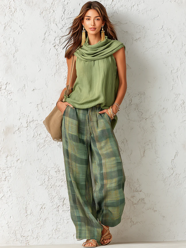 Calienna - Blusa leve e conjunto de calças largas