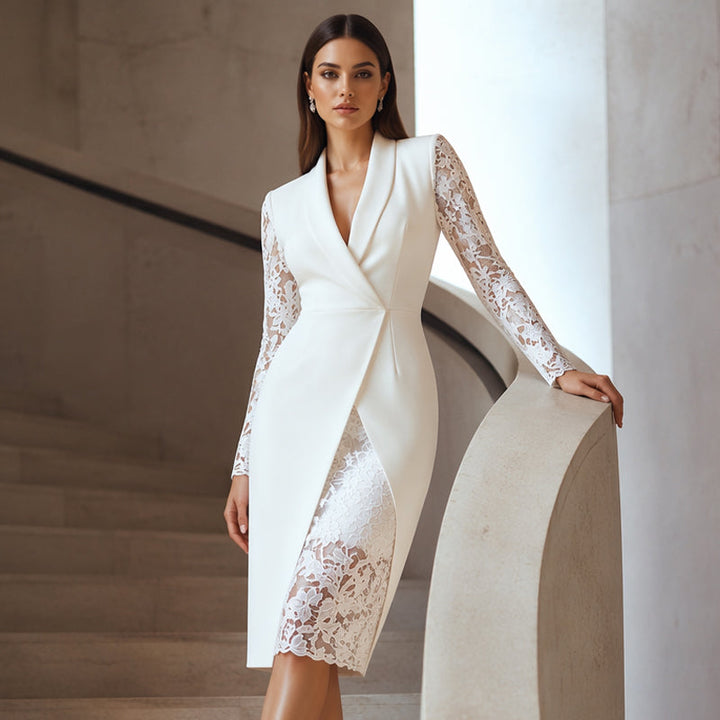 Saravelle - Vestido midi elegante com mangas em renda