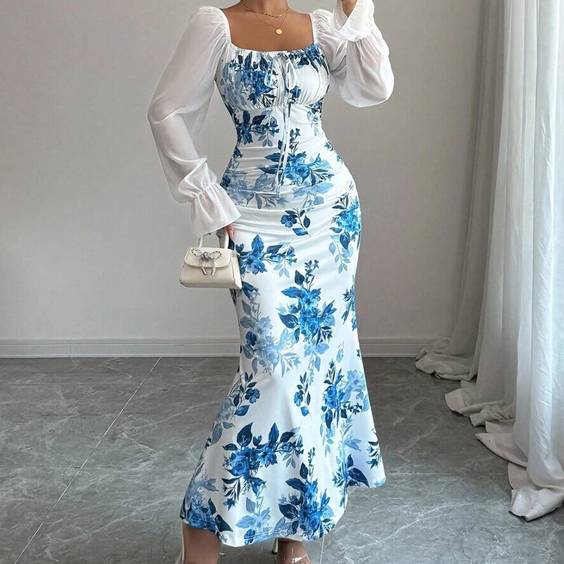 Noevalle - Vestido de corte sereia com padrão floral e toque suave