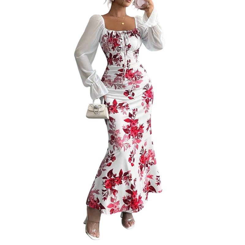 Noevalle - Vestido de corte sereia com padrão floral e toque suave