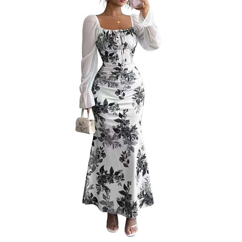 Noevalle - Vestido de corte sereia com padrão floral e toque suave