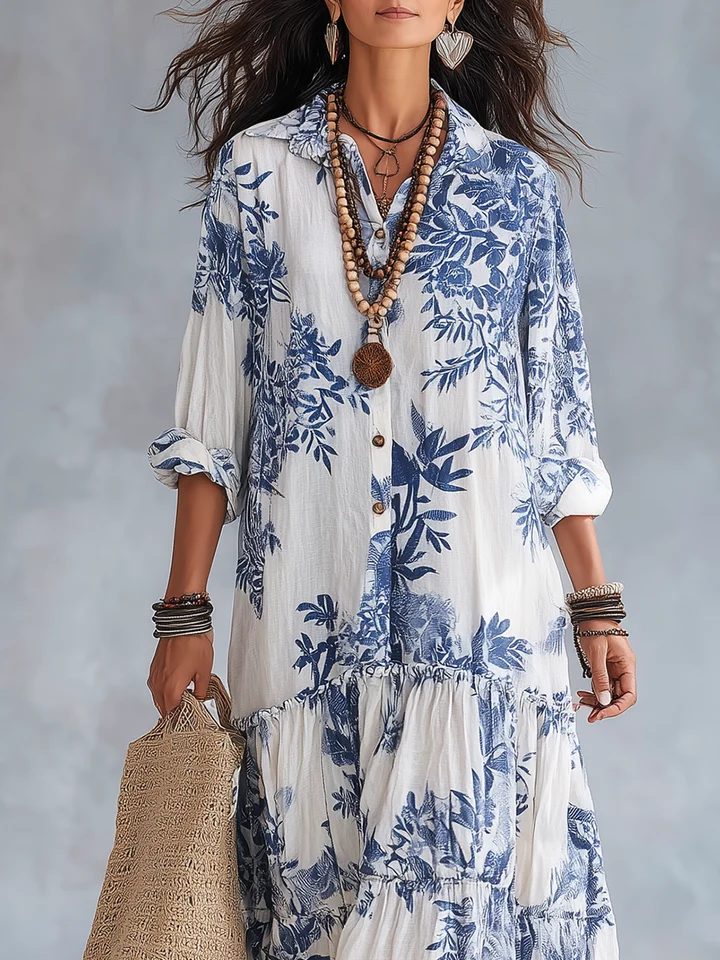 Galenisse - Vestido comprido com botões e estampado floral azul