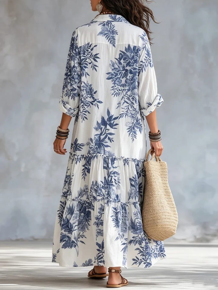 Galenisse - Vestido comprido com botões e estampado floral azul